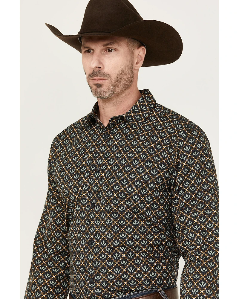 Gibson Men's Fleur de Lis Floral Print Long Sleeve Button-Down Western Shirt
