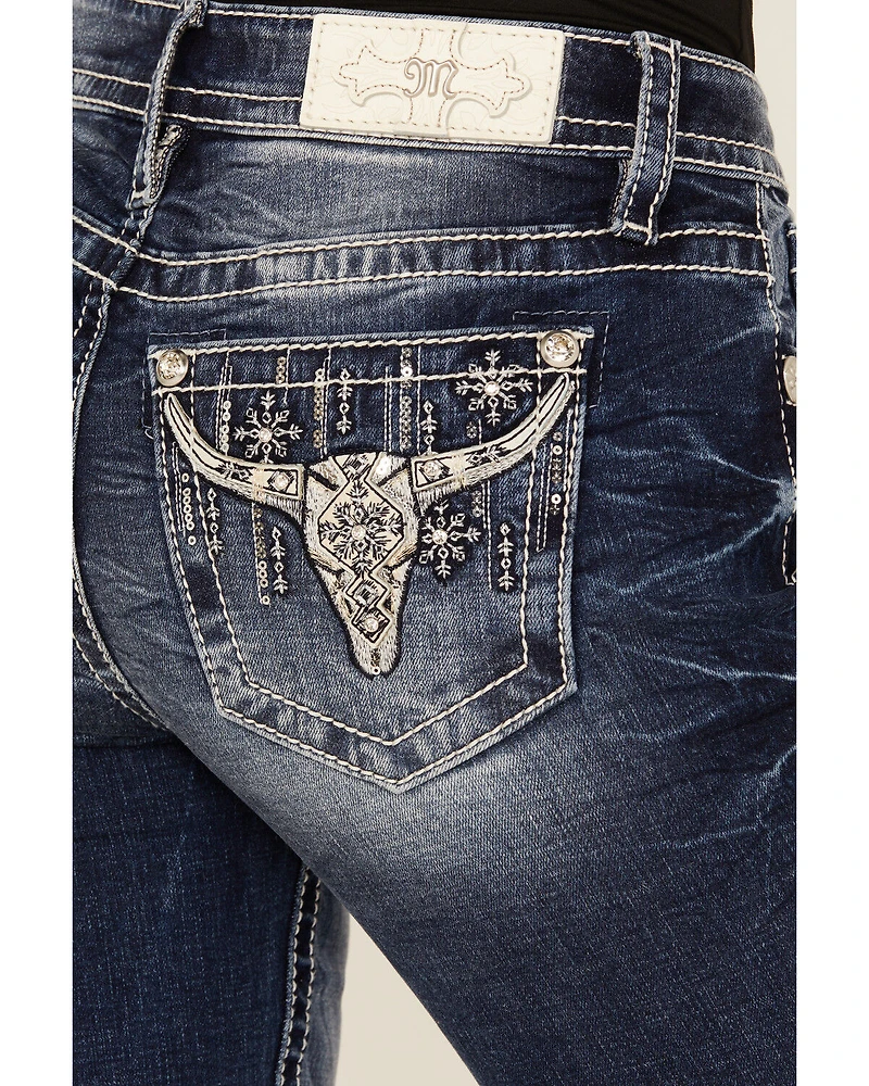 Miss Me Women's Dark Wash Mid Rise Steer Head Pocket 32" Bootcut Stretch Denim Jeans