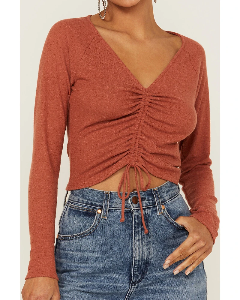 Lush Women's Brick Long Sleeve Cinch Front Knit Top