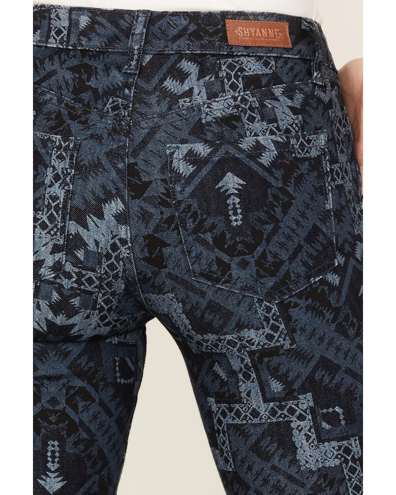 Shyanne Women's Dark Wash High Rise Printed Stretch Flare Jeans