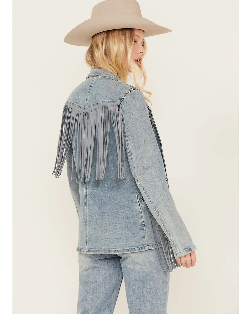 Rock & Roll Denim Women's Light Wash Stretch Fringe Blazer