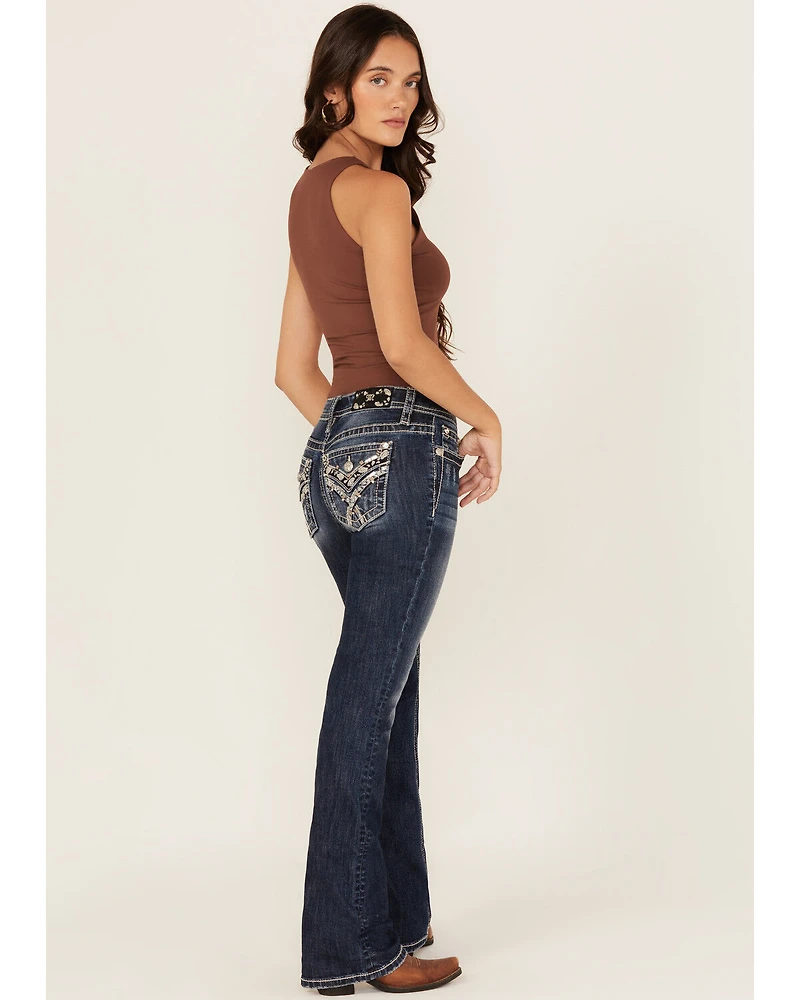 Miss Me Women's Dark Wash Mid Rise Paisley Pocket 32" Bootcut Stretch Denim Jeans