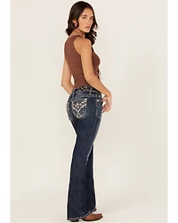 Miss Me Women's Dark Wash Mid Rise Paisley Pocket 32" Bootcut Stretch Denim Jeans