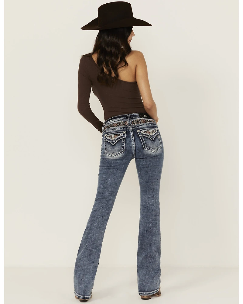 Miss Me Women's Medium Wash Mid Rise Floral Yoke 34" Bootcut Stretch Denim Jeans