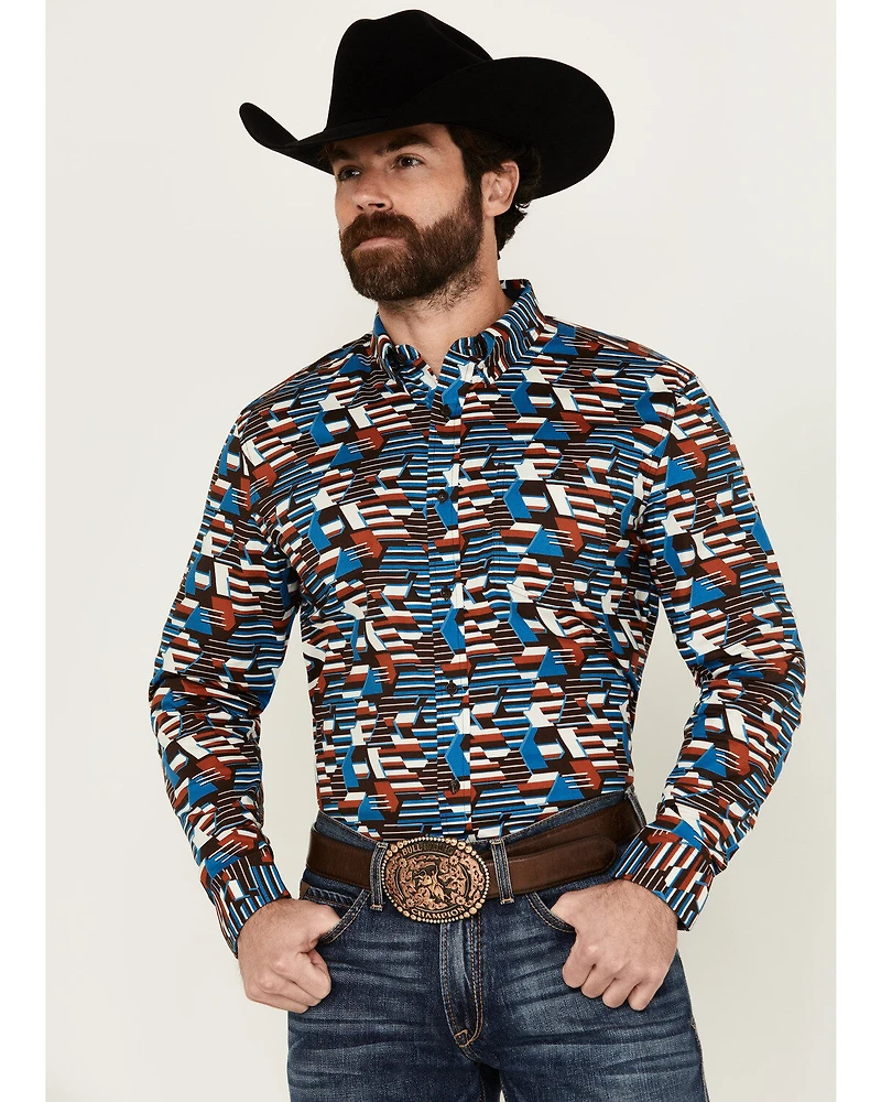 RANK 45® Men's Yaak Abstract Geo Print Long Sleeve Button-Down Stretch Western Shirt