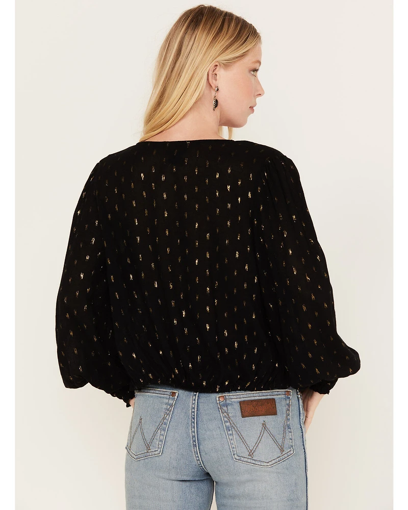 Wrangler Retro Women's Tie Front Poet Sleeve Cropped Blouse