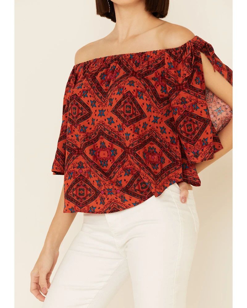 Shyanne Women's Chili Tile Print Tie Sleeve Off-Shoulder Top