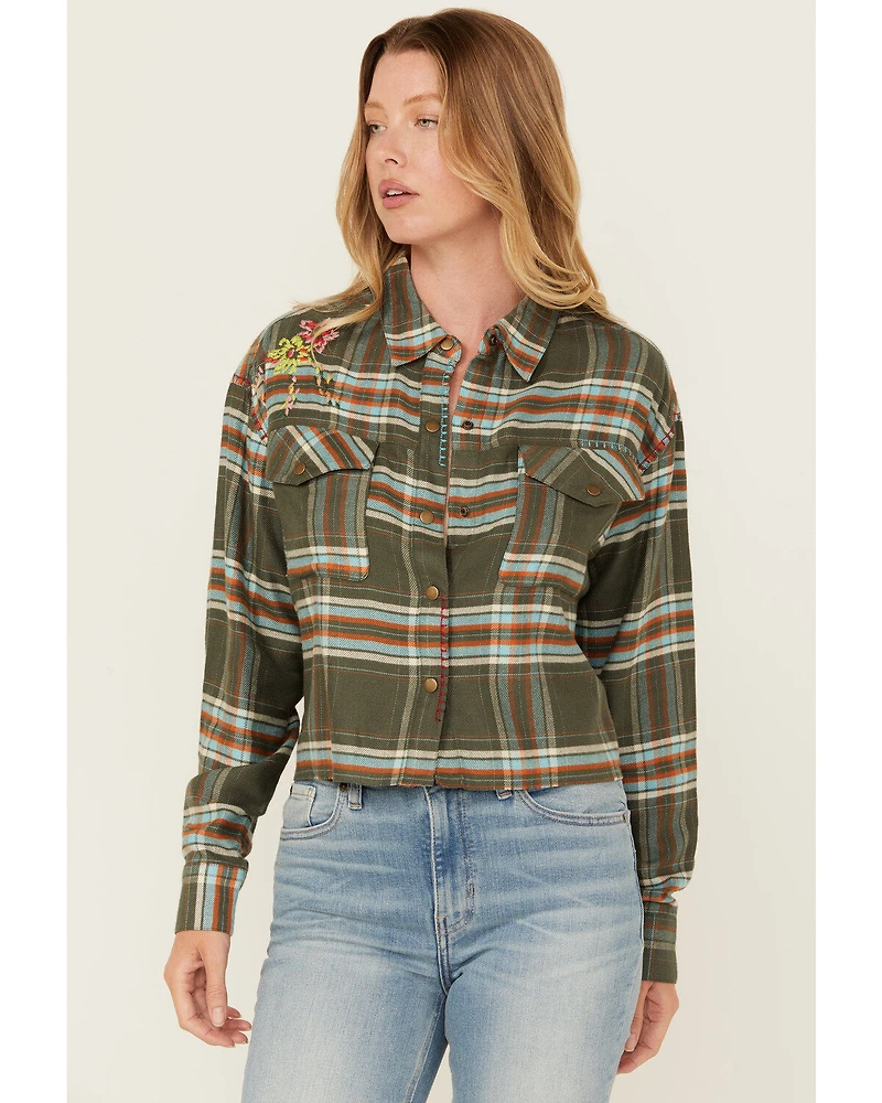 Cleo + Wolf Women's Corrie Plaid Print Embroidered Long Sleeve Snap Cropped Shirt