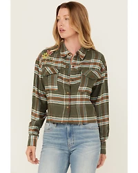 Cleo + Wolf Women's Corrie Plaid Print Embroidered Long Sleeve Snap Cropped Shirt