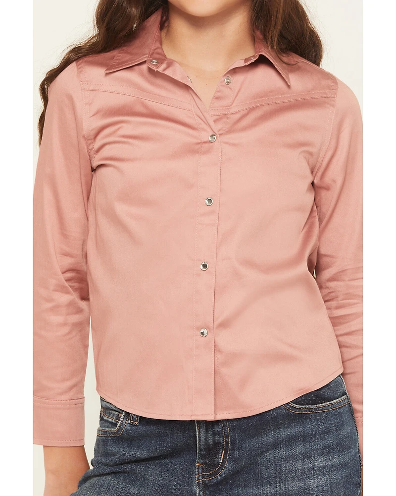 Shyanne Girls' Solid Long Sleeve Rhinestone Snap Stretch Western Shirt