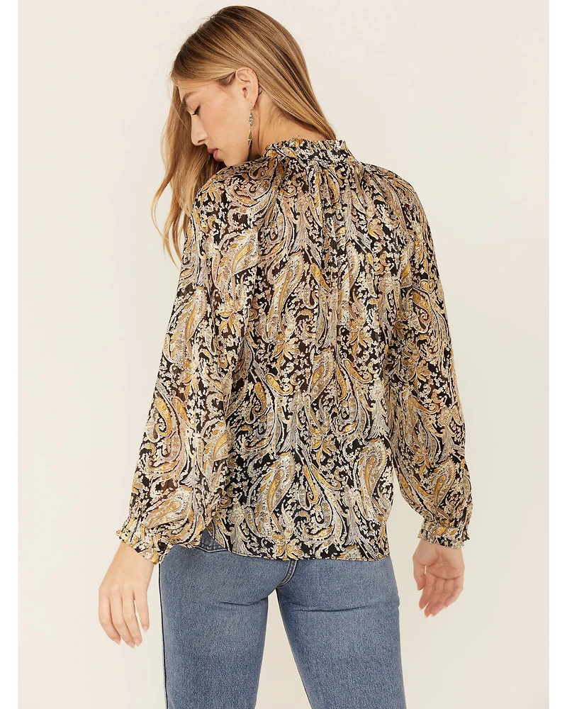 Revel Women's Paisley Print Long Sleeve Woven Chiffon Peasant Top