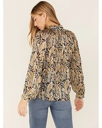 Revel Women's Paisley Print Long Sleeve Woven Chiffon Peasant Top