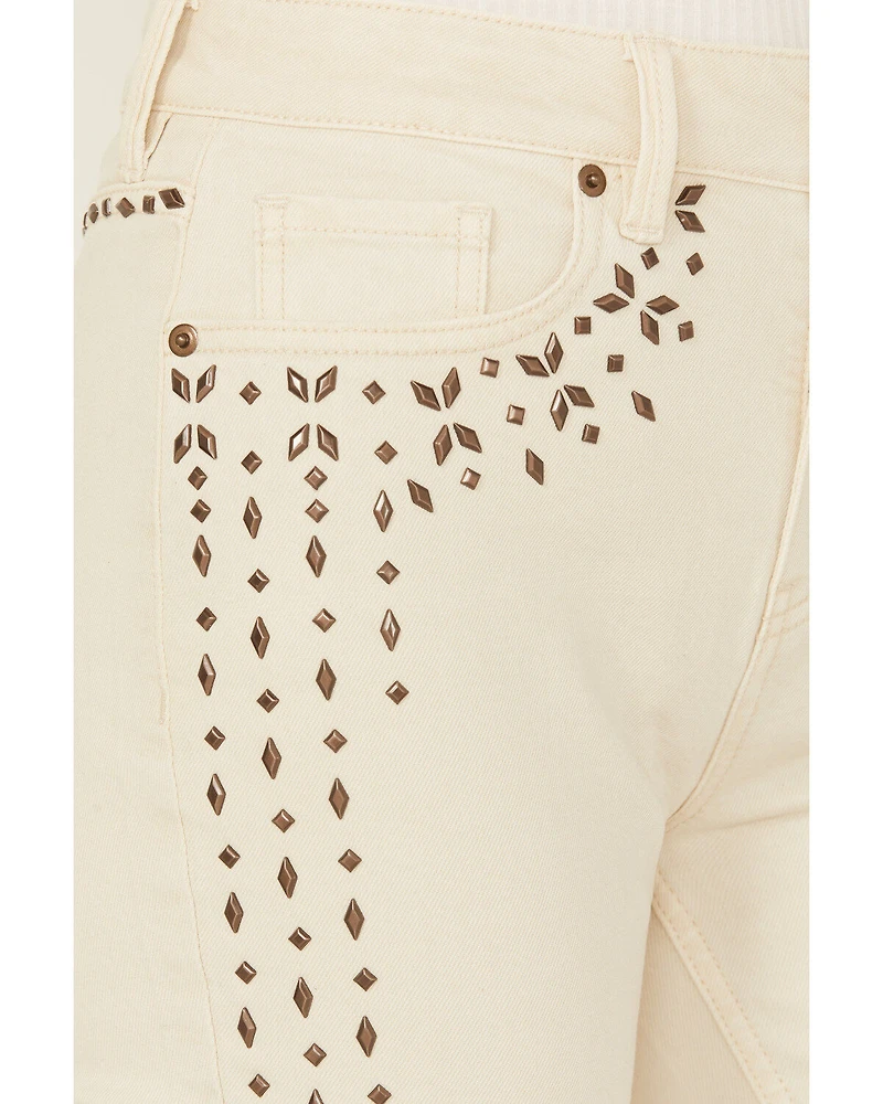 Wonderwest Women's Birch High Rise Studded Slim Bootcut Rigid-Like Stretch Denim Jeans