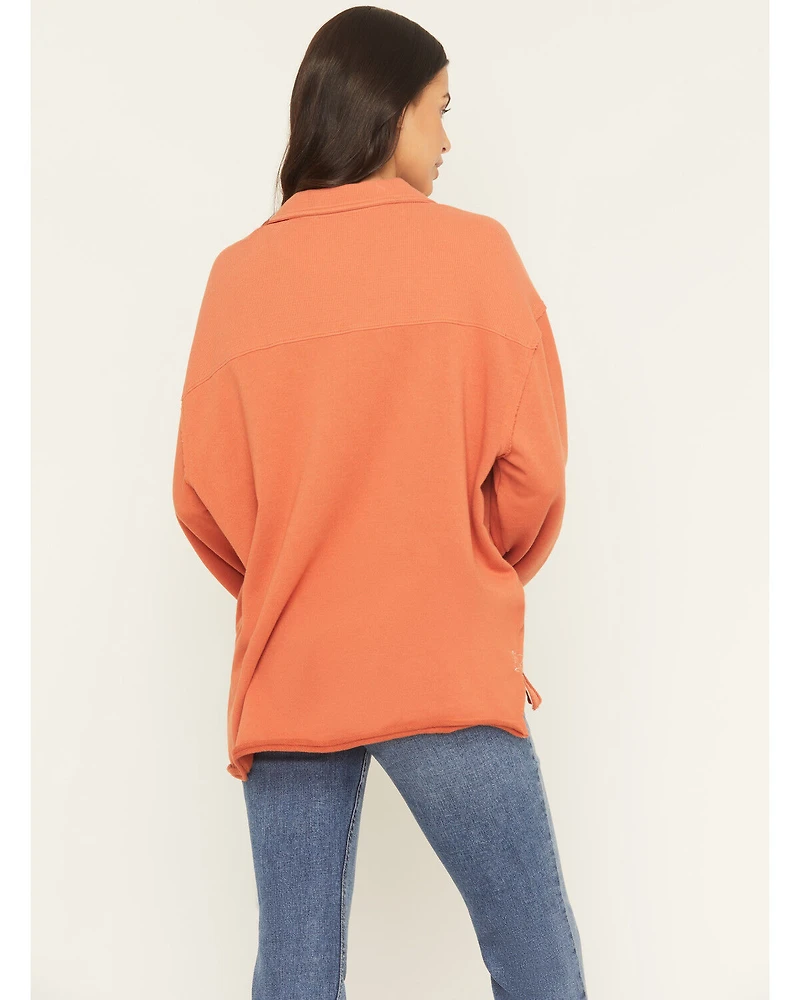 Cleo & Wolf Women's Solid French Terry Long Sleeve Quarter Button-Down Shirt