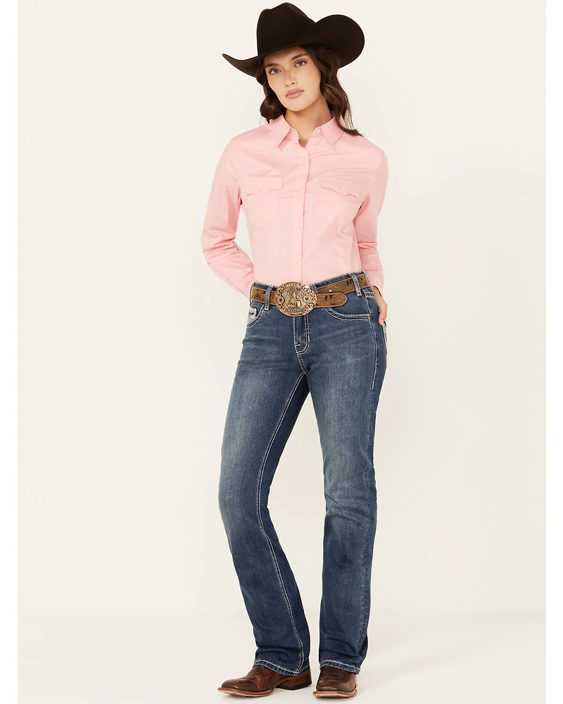 Rock & Roll Denim Women's Medium Wash Mid Rise Cowhide Pocket Bootcut Stretch Jeans