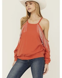 Blue B Women's Rhinestone Fringe Cold Shoulder Sweatshirt