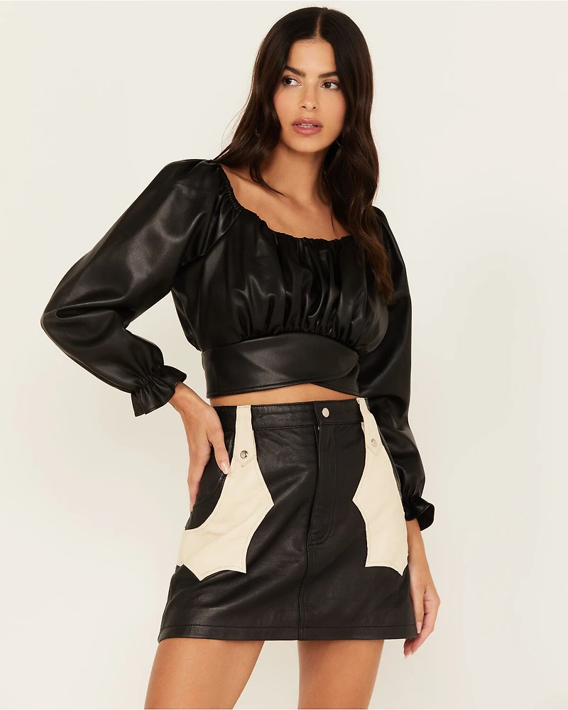 Beyond The Radar Women's Faux Leather Tie Back Crop Top