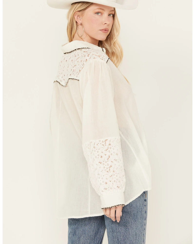 POL Women's Lace Yoke Long Sleeve Button Down Shirt