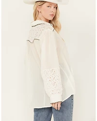 POL Women's Lace Yoke Long Sleeve Button Down Shirt