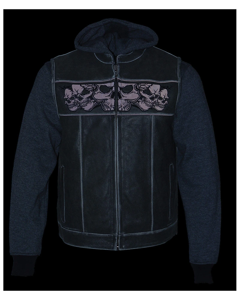 Milwaukee Leather Men's Concealed Carry Vest with Reflective Skulls and Removeable Hoodie