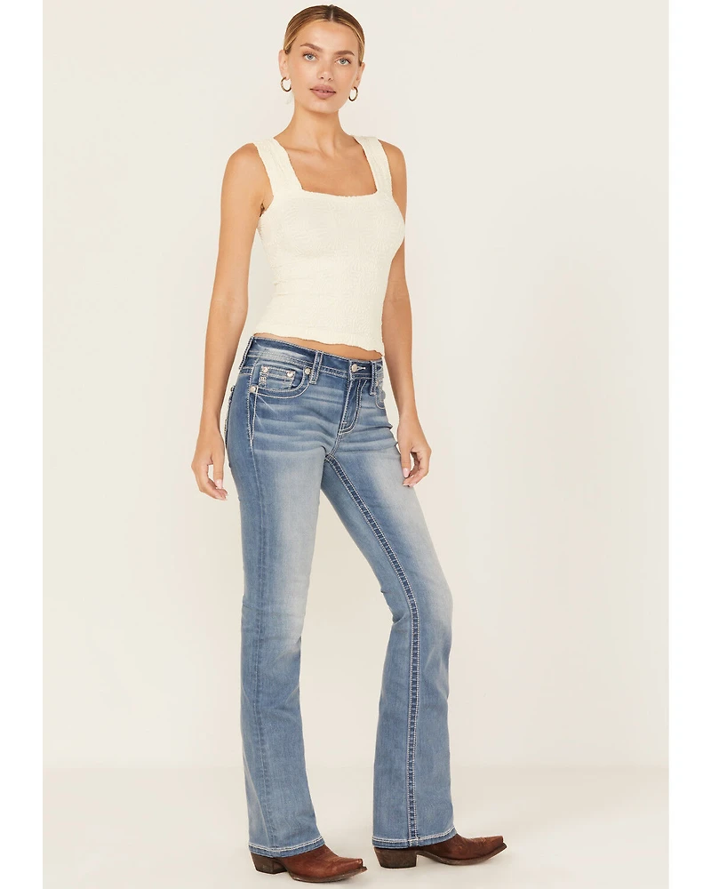 Miss Me Women's Light Wash Mid Rise Butterfly Pocket 34" Bootcut Stretch Denim Jeans