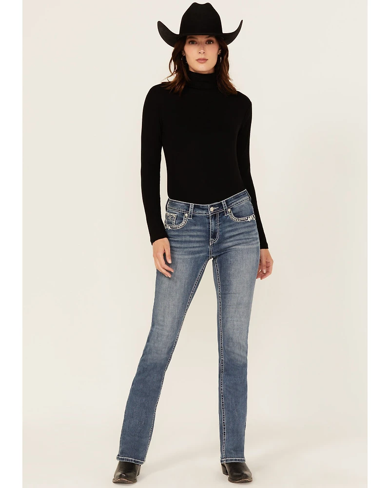 Grace LA Women's Medium Wash Geo Print Embroidered Mid Rise Bootcut Stretch Denim Jeans
