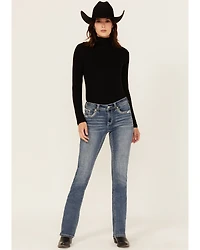 Grace LA Women's Medium Wash Geo Print Embroidered Mid Rise Bootcut Stretch Denim Jeans