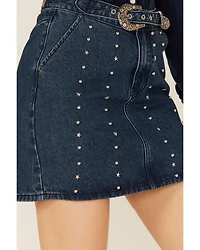 Rock & Roll Denim Women's Dark Wash Studded Belted Western Mini Skirt