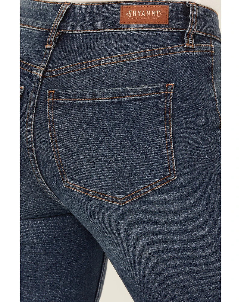Shyanne Women's Gold Barrel Dark Wash High Rise Pintuck Flare Jeans