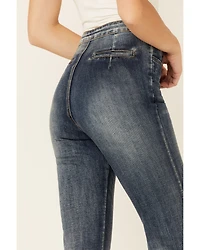 Flying Tomato Women's High Rise Dark Acid Wash Front Pintuck Flare Jeans