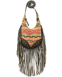 American West Women's Southwestern Tapestry Studded Fringe Crossbody