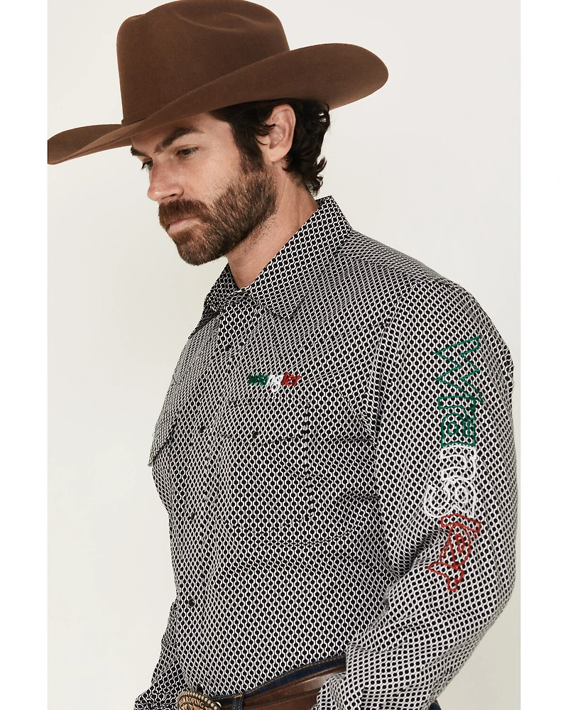 Wrangler Men's Mexico Logo Embroidered Geo Print Long Sleeve Snap Western Shirt