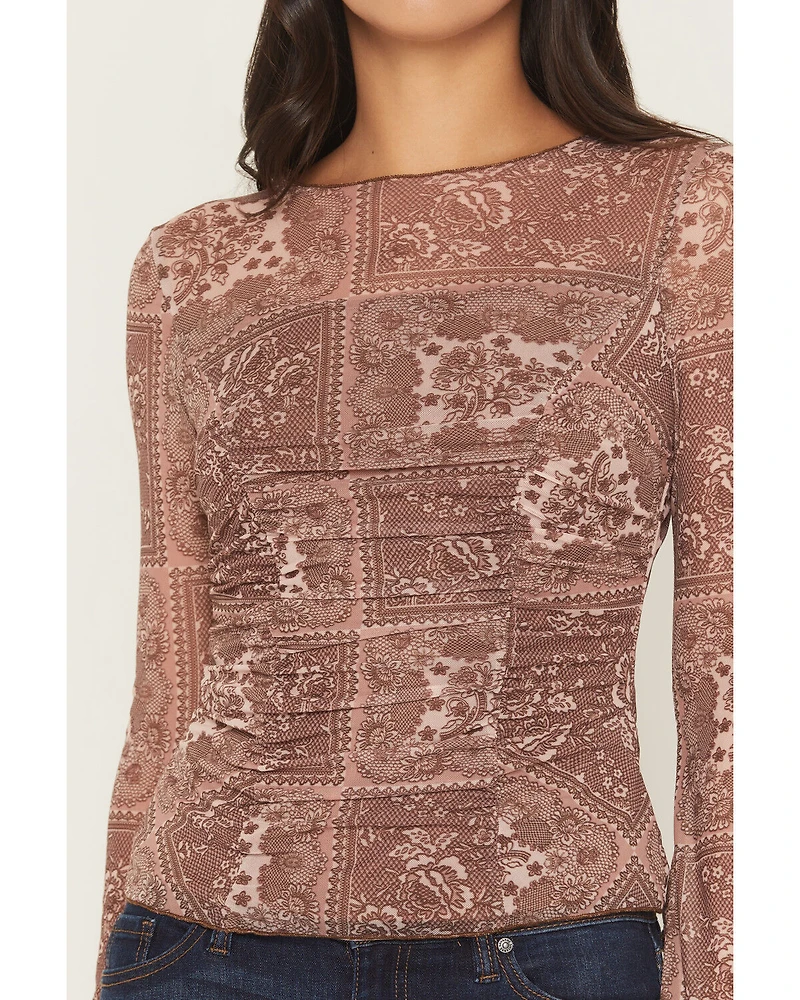 Ash & Violet Women's Floral Print Long Sleeve Mesh Shirt
