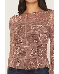 Ash & Violet Women's Floral Print Long Sleeve Mesh Shirt
