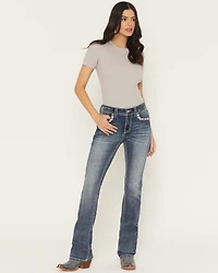 Grace LA Women's Medium Wash Mid Rise Embellished 32" Bootcut Stretch Denim Jeans