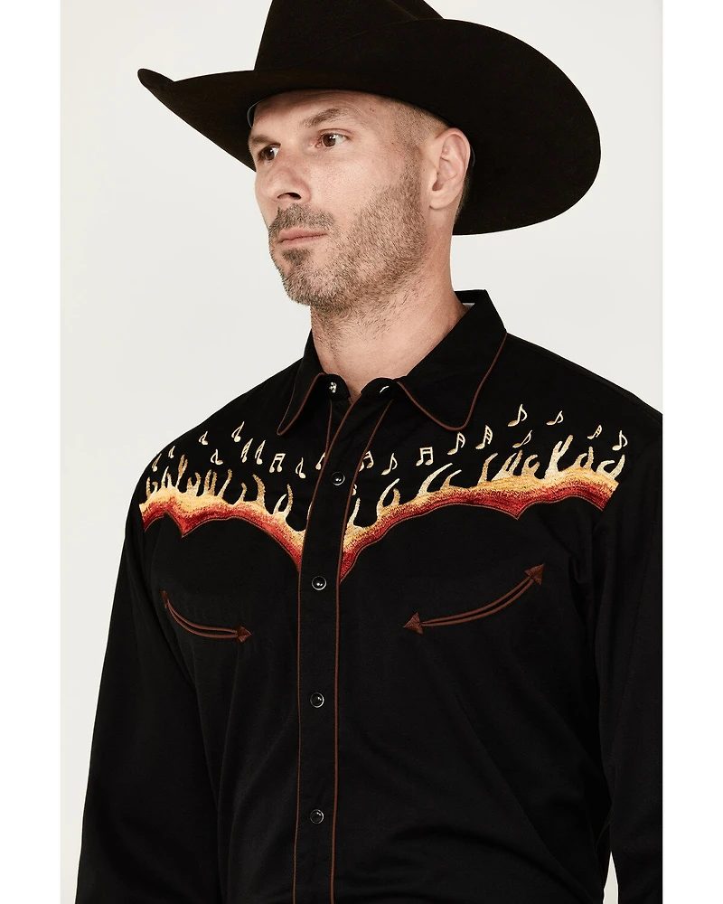 Scully Men's Music Note Flame Embroidered Long Sleeve Snap Western Shirt
