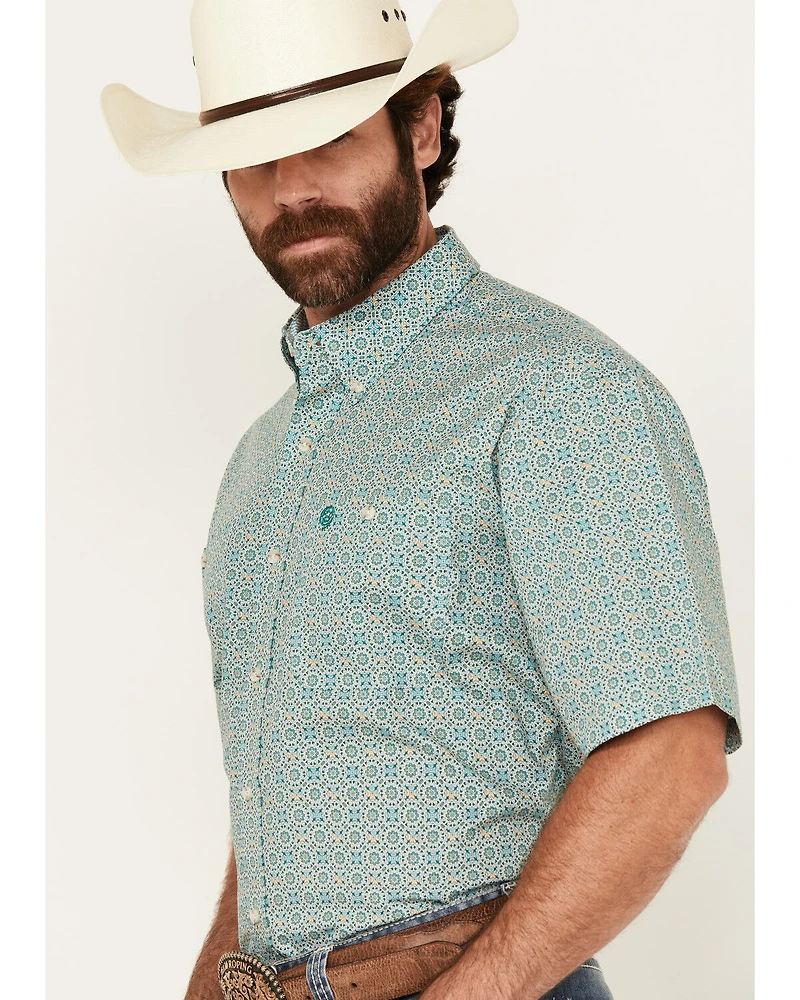 George Strait by Wrangler Men's Geo Print Short Sleeve Button-Down Stretch Western Shirt