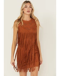 Idyllwind Women's Garland Studded Fringe Faux Suede Sleeveless Mini Dress