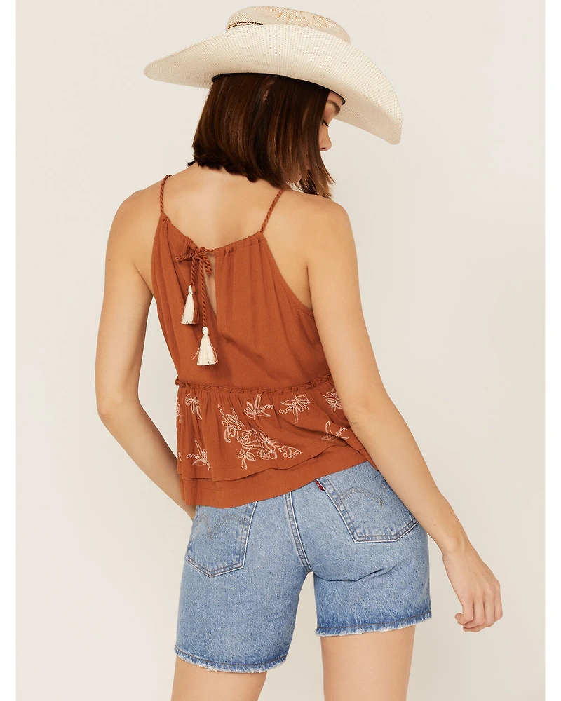 Shyanne Women's Textured Ruffle Embroidered Halter Keyhole Tank Top
