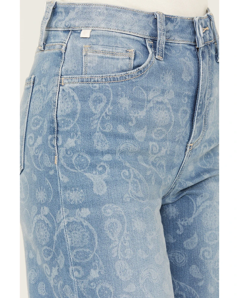 Ceros Women's Medium Wash High Rise Paisley Printed Wide Leg Straight Stretch Jeans