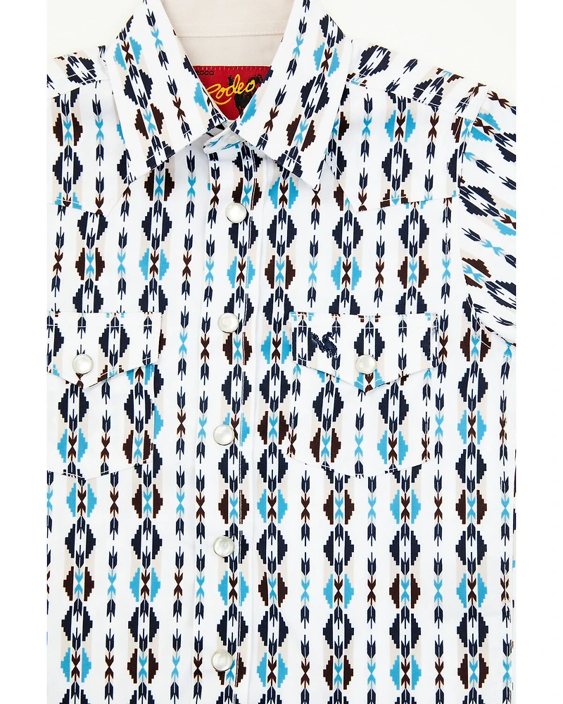 Rodeo Clothing Little Boys' Striped Southwestern Print Short Sleeve Snap Stretch Western Shirt