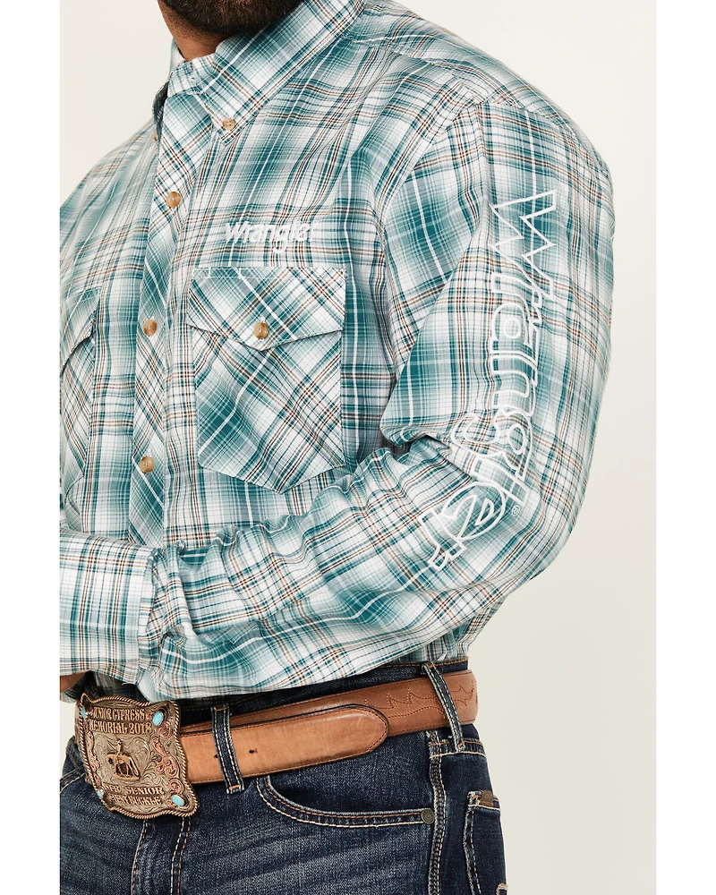 Wrangler Men's Plaid Print Logo Long Sleeve Button-Down Western Shirt