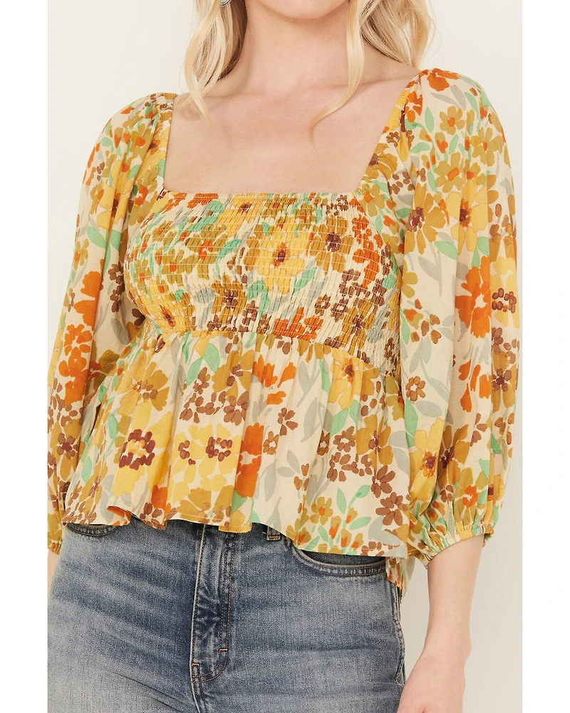 By Together Women's Sunflower Print Smocked Long Sleeve Peasant Top