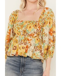 By Together Women's Sunflower Print Smocked Long Sleeve Peasant Top
