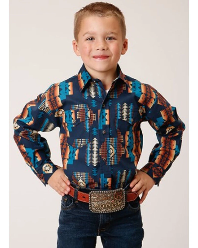 Roper Boys' Vintage Style Vertical Southwestern Print Long Sleeve Snap Western Shirt