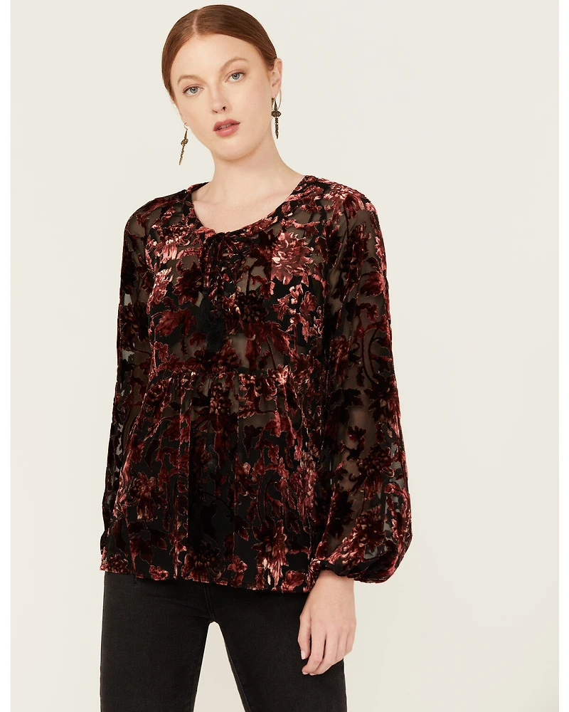 Shyanne Women's Burnout Velvet Peasant Lace-Up Top