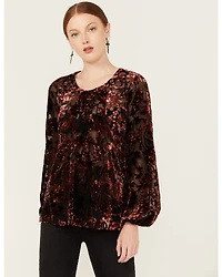 Shyanne Women's Burnout Velvet Peasant Lace-Up Top