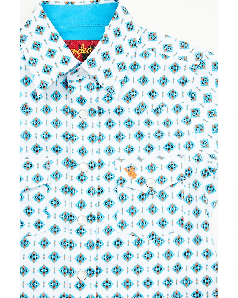 Rodeo Clothing Boys' Little Southwestern Print Short Sleeve Snap Stretch Western Shirt