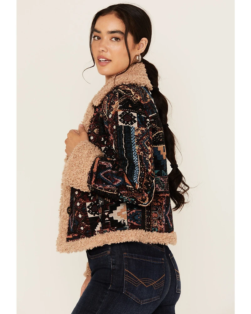 Shyanne Women's Tapestry Sherpa Lined Button-Down Cropped Jacket