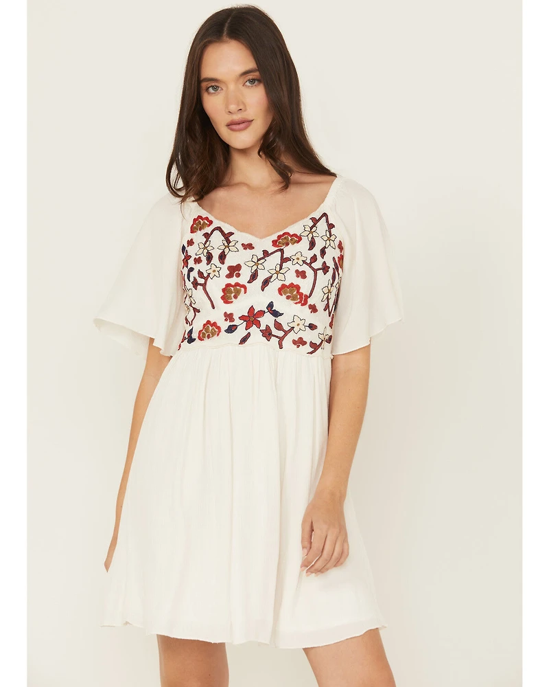 Shyanne Women's Embroidered Crinkle Flutter Sleeve Mini Dress